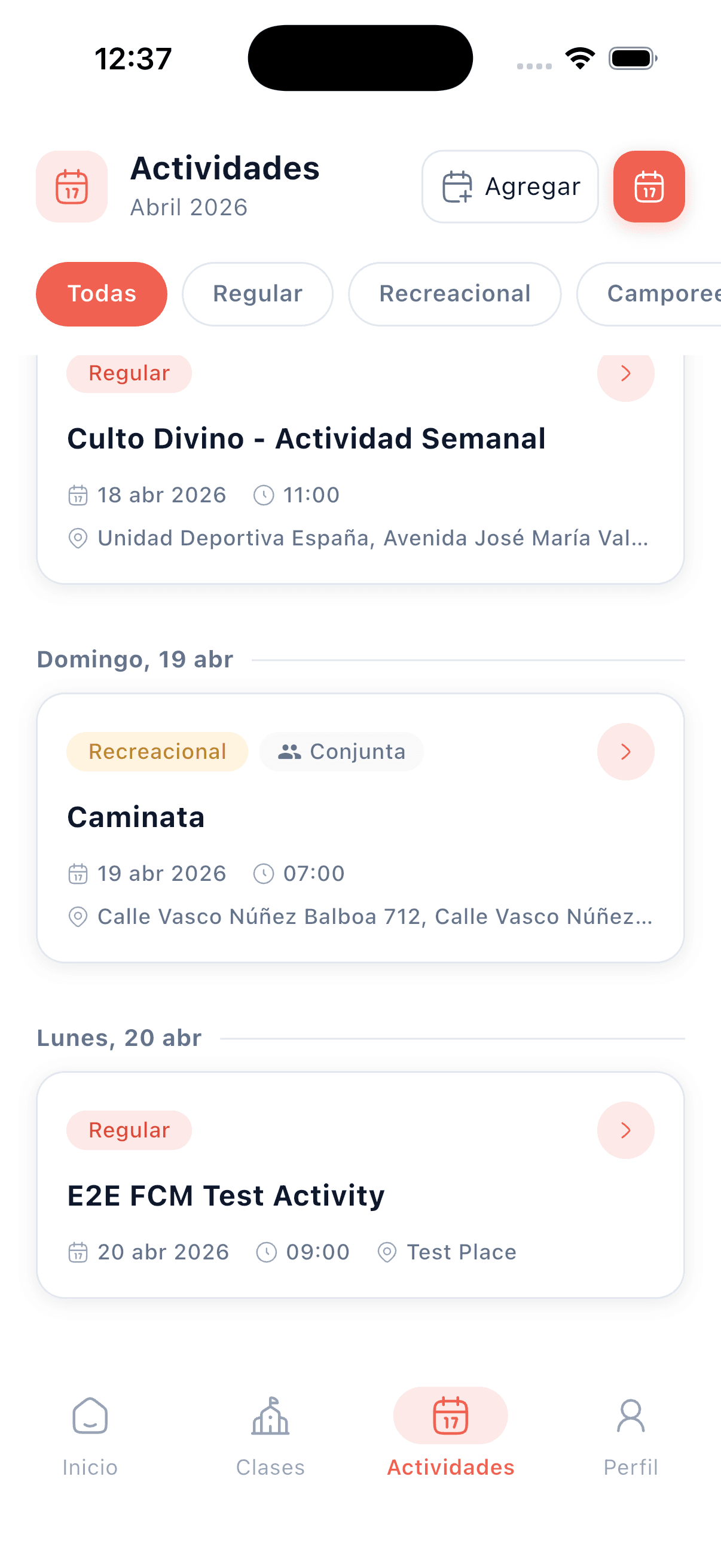 Pantalla de lista de actividades en la app SACDIA
