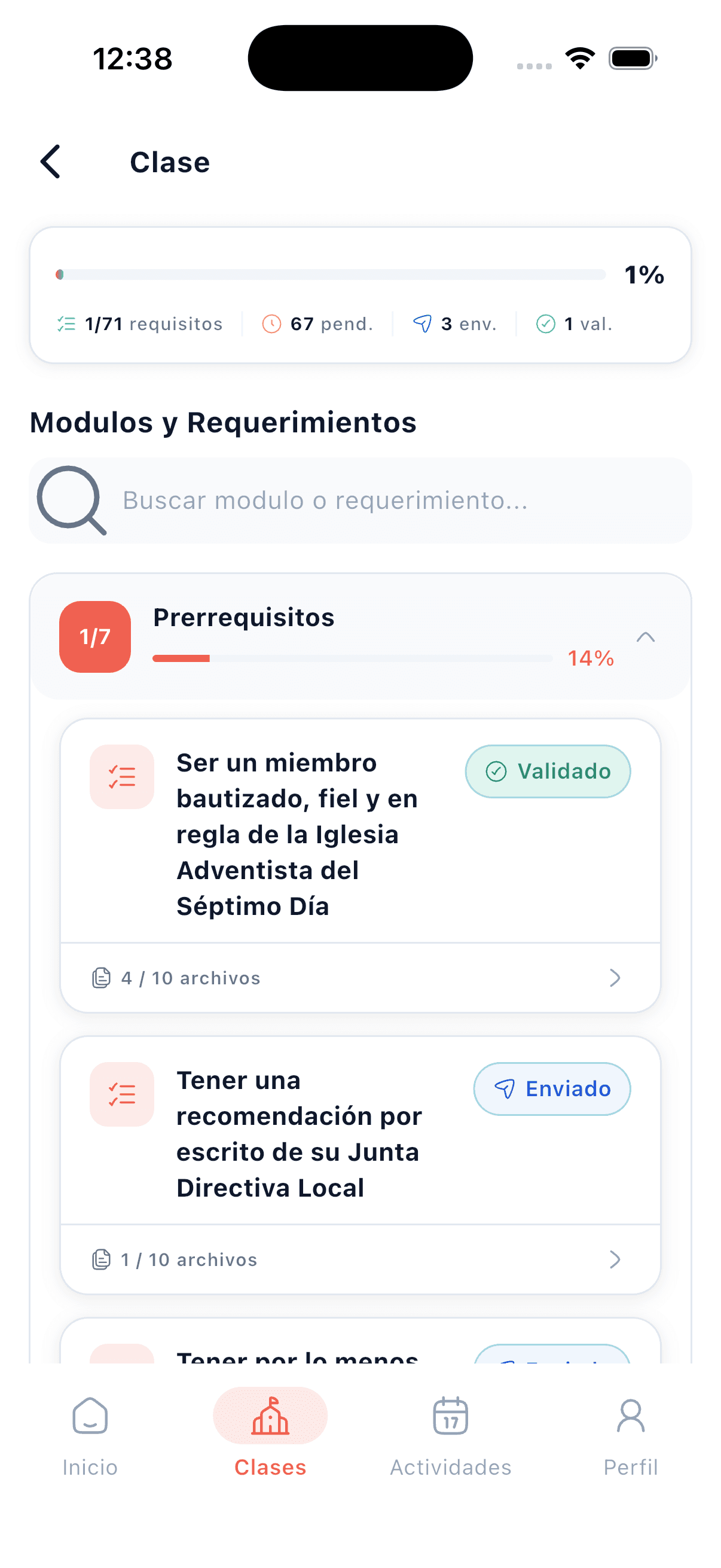 Pantalla de detalle de clase progresiva en la app SACDIA