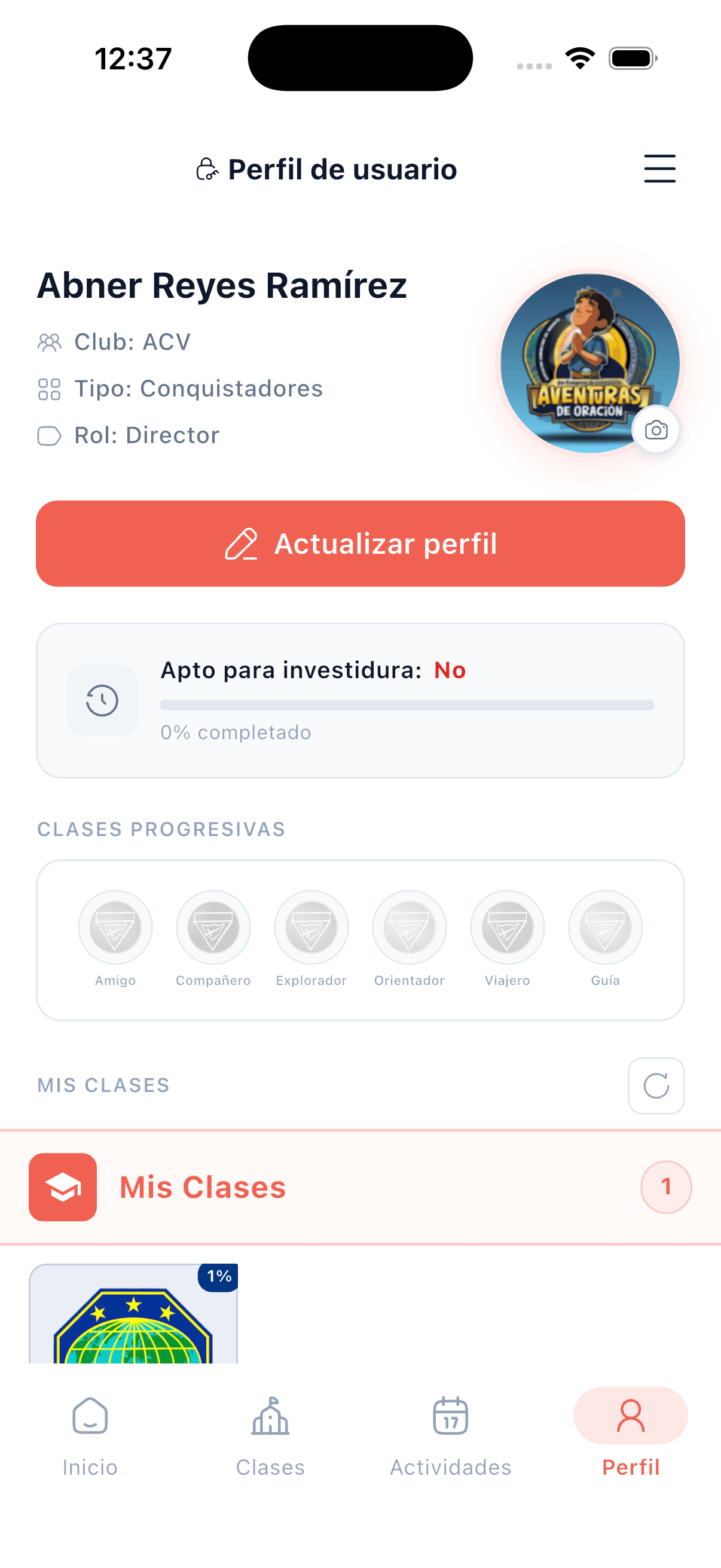 Pantalla de perfil de miembro en la app SACDIA